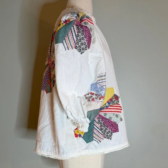 SEA NY Cotton Puff Sleeve Quilted Patchwork Blouse - Picture 4 of 7